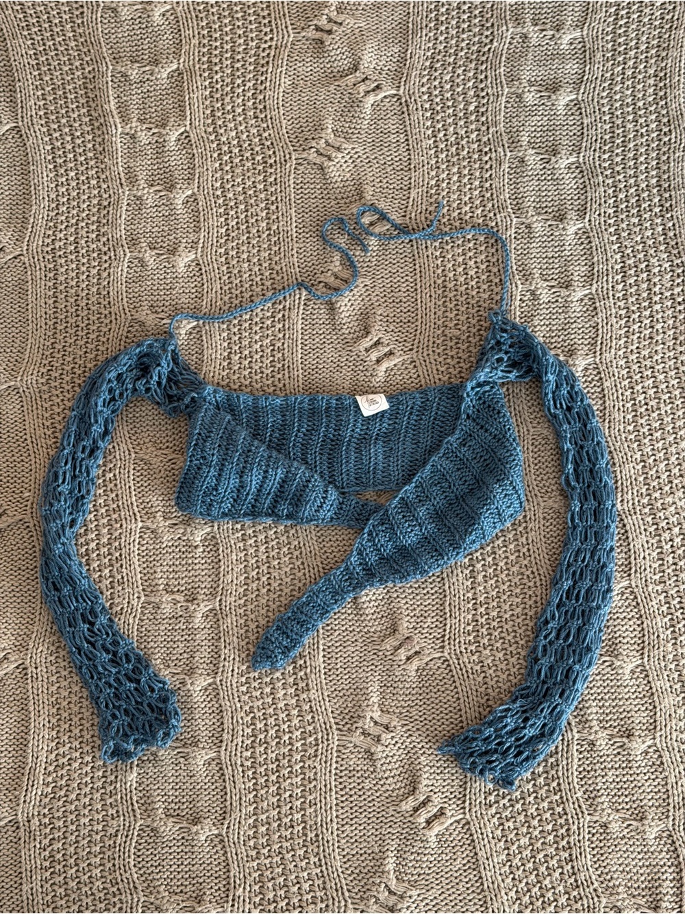 No strings attached Knit Openwork Blue Wrap Shrug with Tie Front